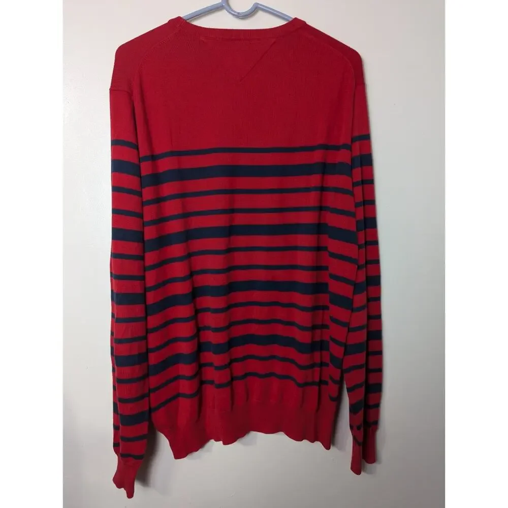 Tommy Hilfiger Size L Sweater Mens Red Navy Blue Stripe Cotton